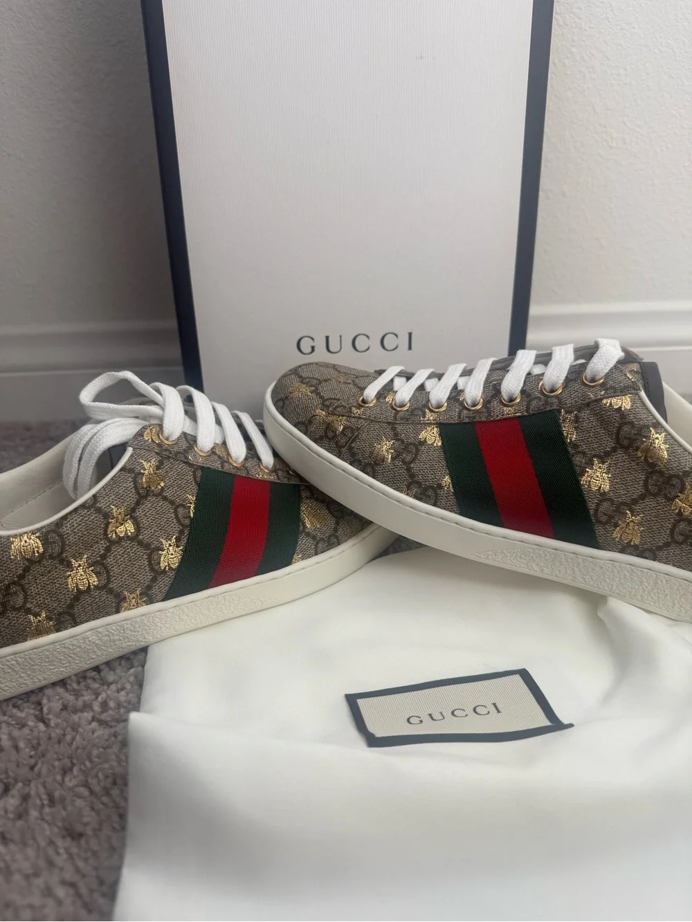 Gucci Men’s GG Supreme Sneaker with Red and Green Web and Gold Bee Motif